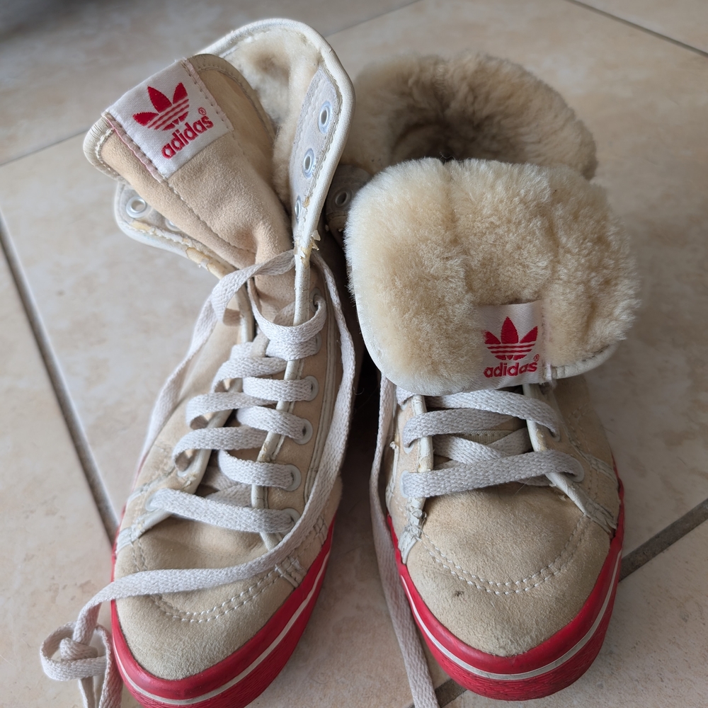 Adidas Women's Fuzzy Tan and Red Suede Lace Up Sneakers